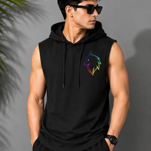 GQF Men's Printed Hooded Neck Black Polycotton T-Shirt with stylish casual design for everyday wear