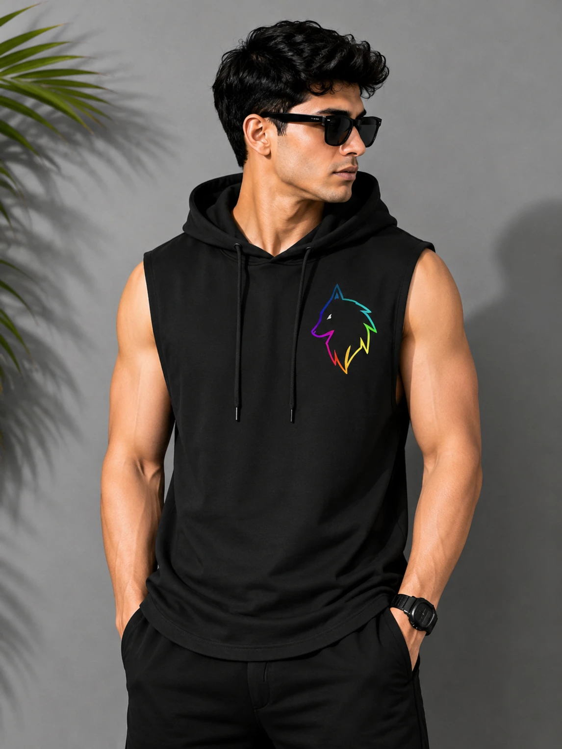 GQF Men's Printed Hooded Neck Black Polycotton T-Shirt with stylish casual design for everyday wear